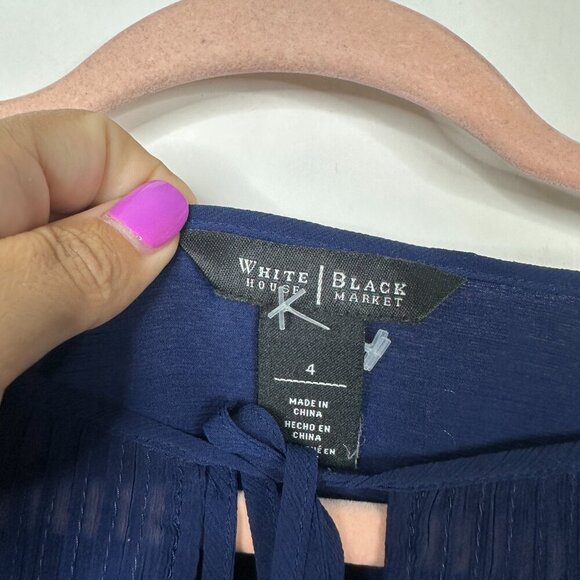 2/$30 White House Black Market Long Sleeve Tie Neck Blouse Endless Blue 4 #A0043 - Picture 5 of 9